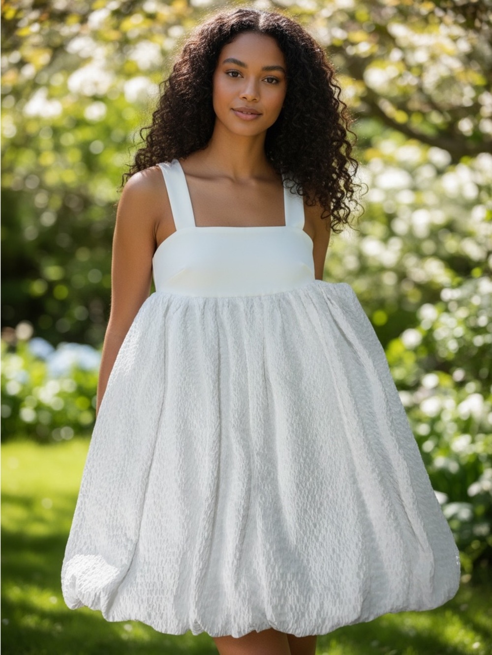 English Factory White Bubble Hem Square-Neck Girls Dress